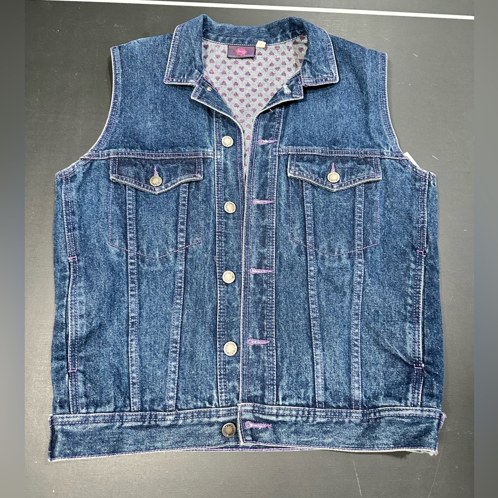 VTG 90s Fuzz Jeans Heart Print Lined Denim Vest Contrast Purple Stitch Large/Med